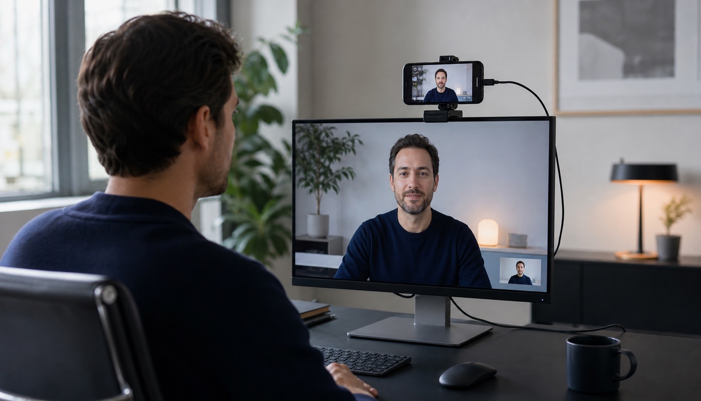 Móvil sustituyendo la webcam integrada en una videollamada profesional