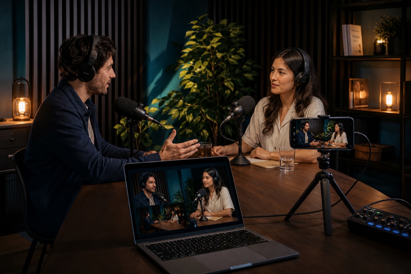Un móvil grabando una entrevista de pódcast como segunda cámara