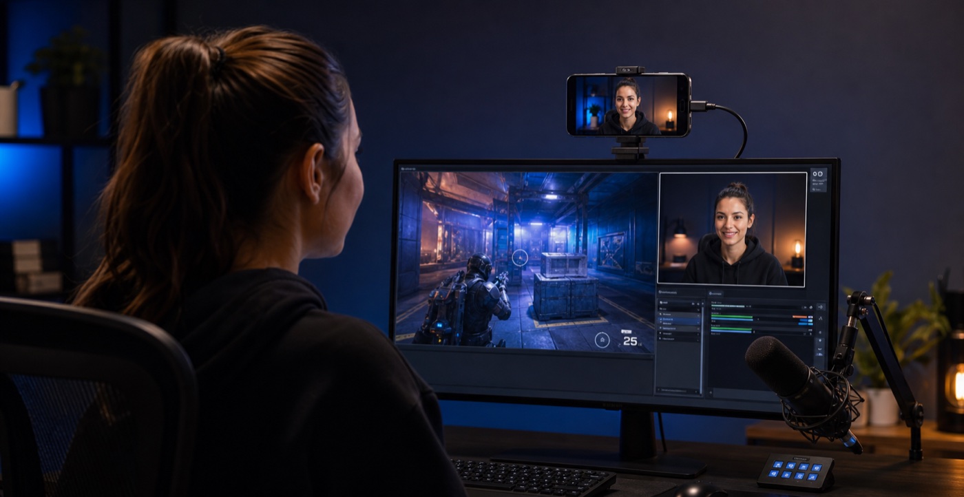 Móvil conectado como cámara facial para una emisión de videojuegos